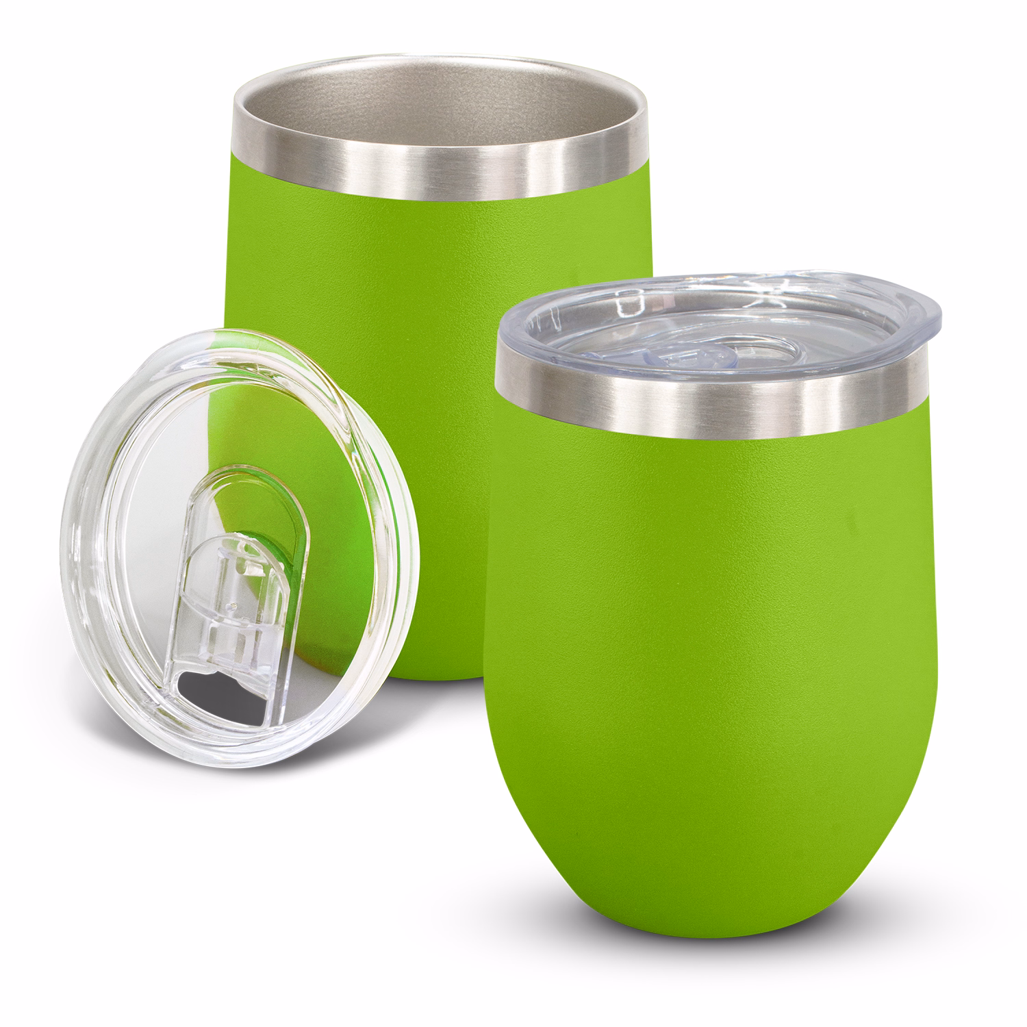Cordia Vacuum Cup in bright green powder-coated finish with clear push-on lid shown open and closed.