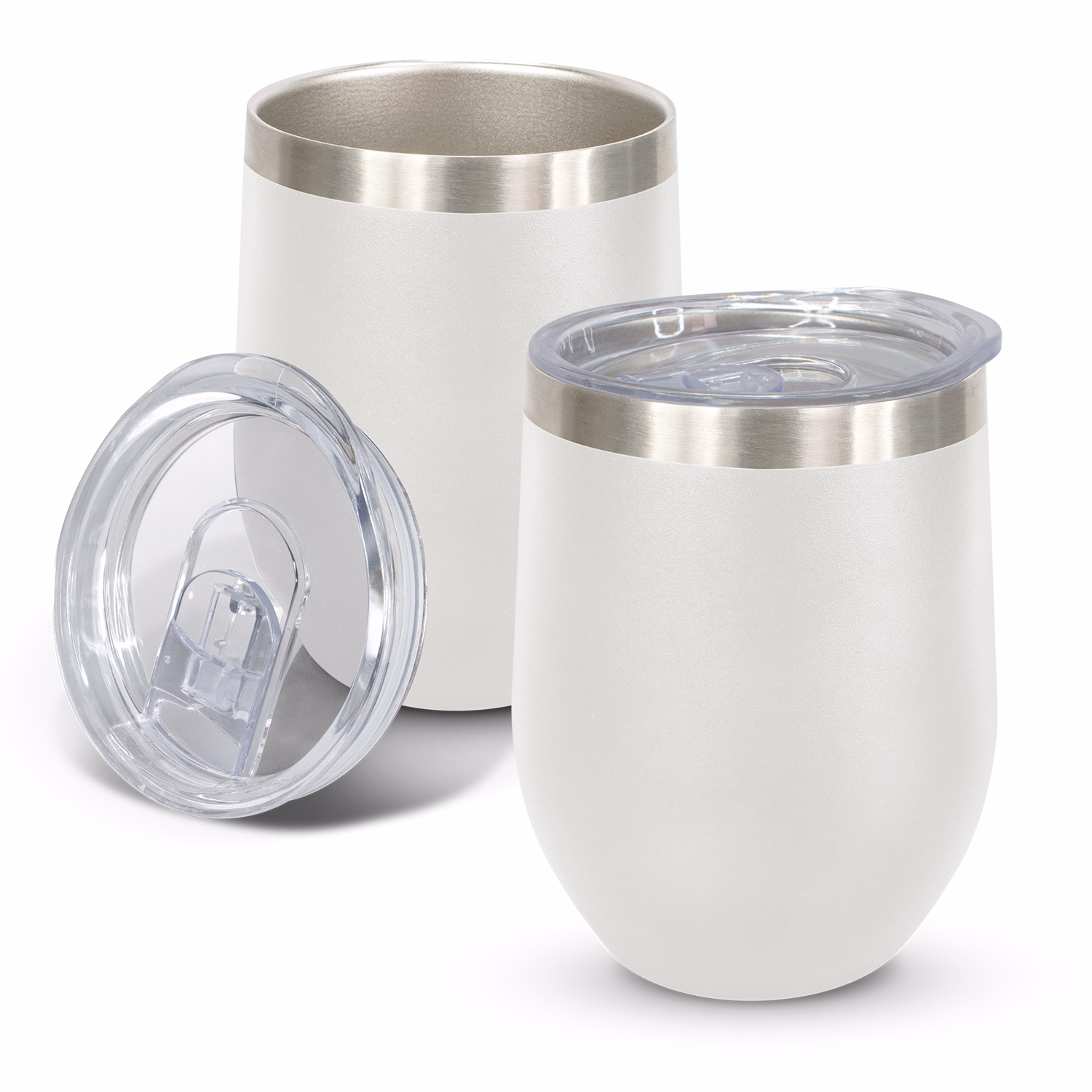 Cordia Vacuum Cup in white powder-coated finish with clear push-on lid shown open and closed.