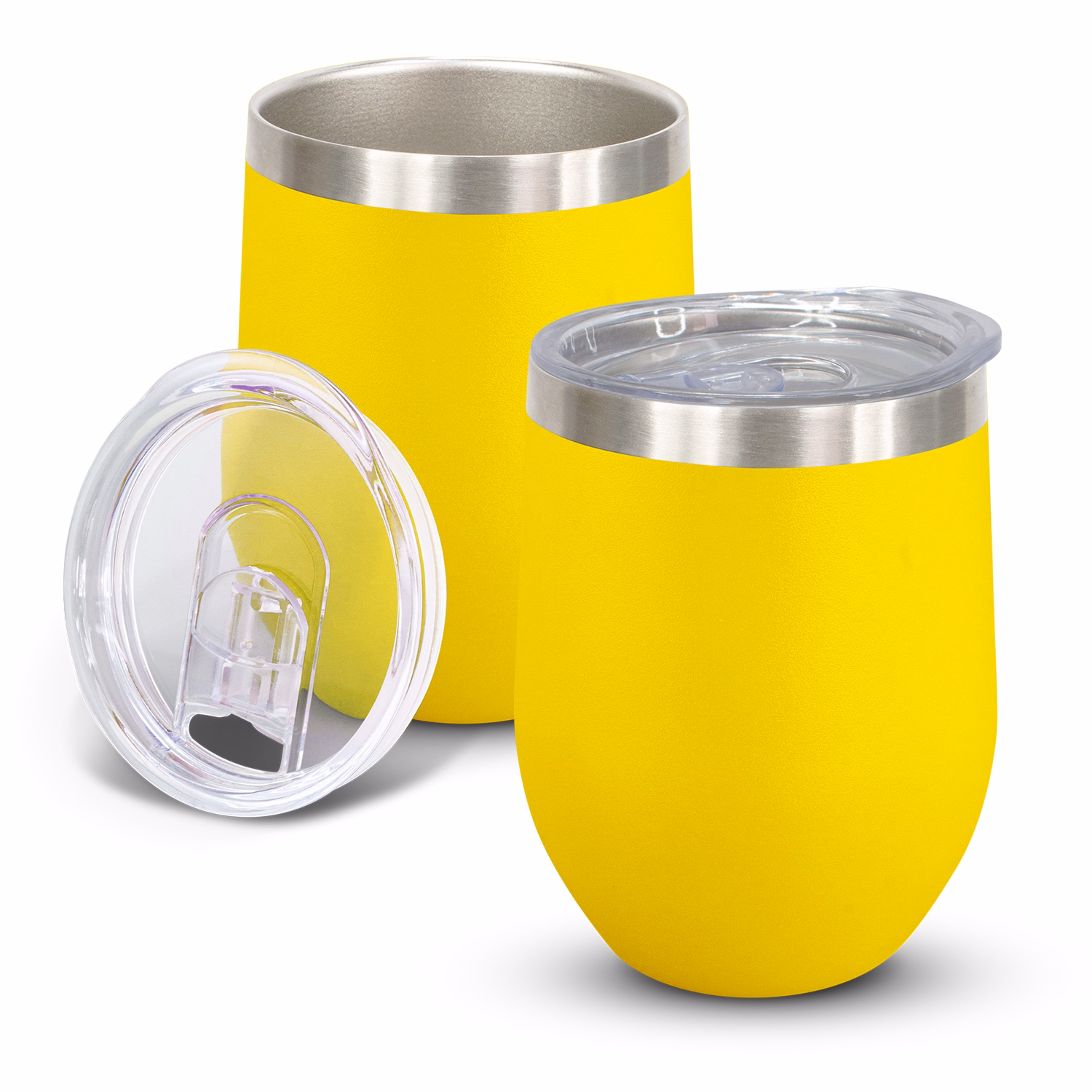 Cordia Vacuum Cup in yellow powder-coated finish with clear push-on lid shown open and closed.