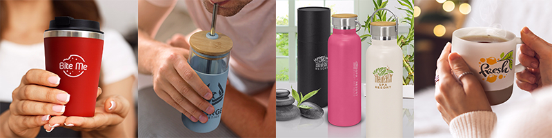 Hands holding red branded travel cup, glass tumbler with blue silicone sleeve and straw, pink and white stainless bottles, and white ceramic mug with printed logo and steam