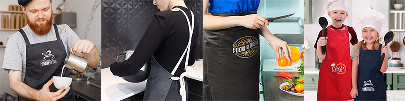 Aprons category banner showing bib, waist and kids’ apron styles