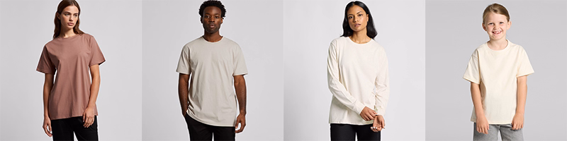 Models wearing assorted AS Colour T-shirts including short and long sleeve styles in neutral tones