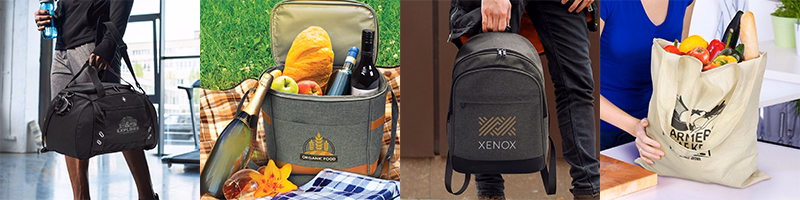 Assorted promotional bags including black duffel, grey cooler, charcoal backpack, and natural cotton tote with printed logos