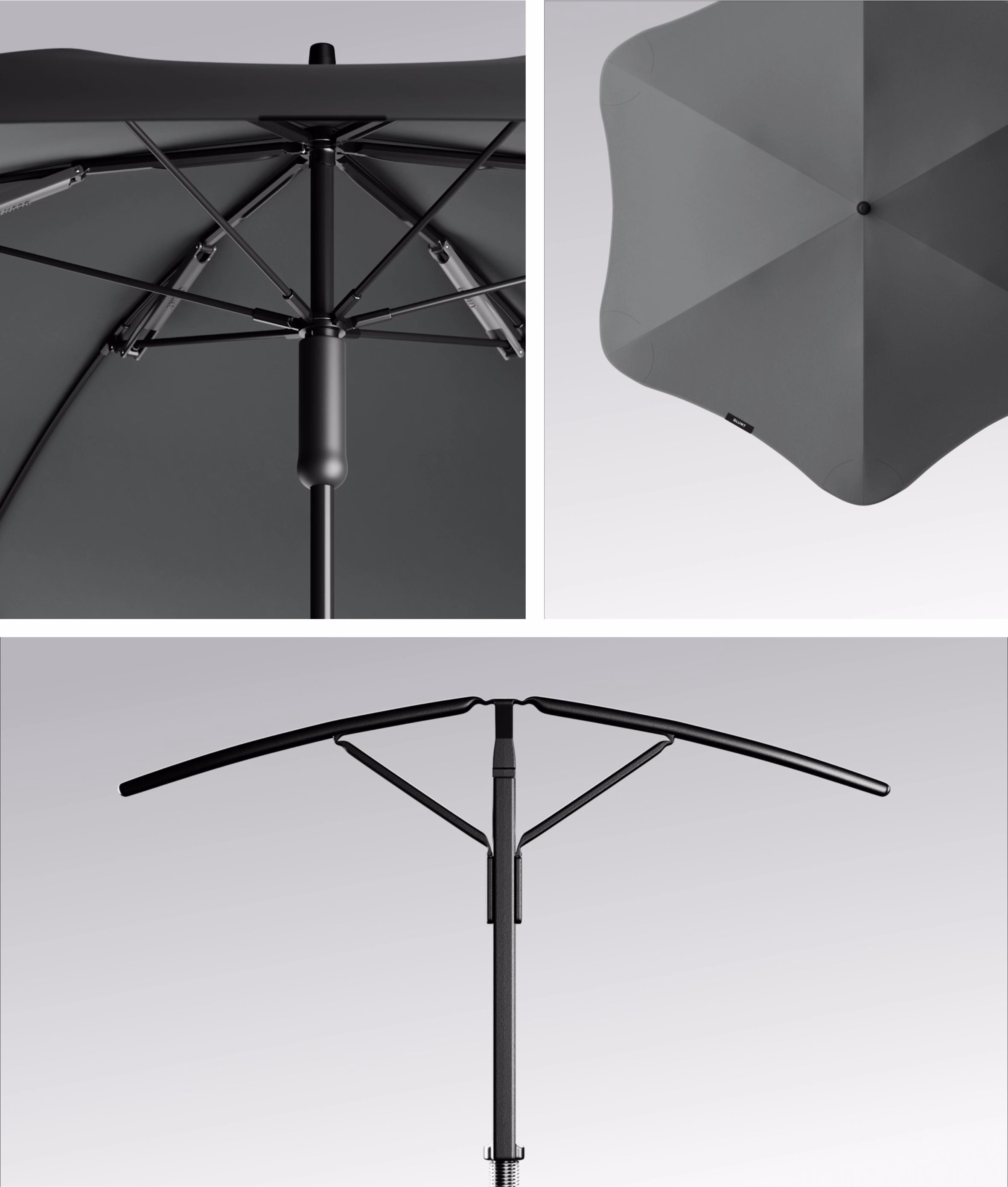 Detail view of BLUNT Exec umbrella in storm grey showing canopy top, internal frame, and handle design