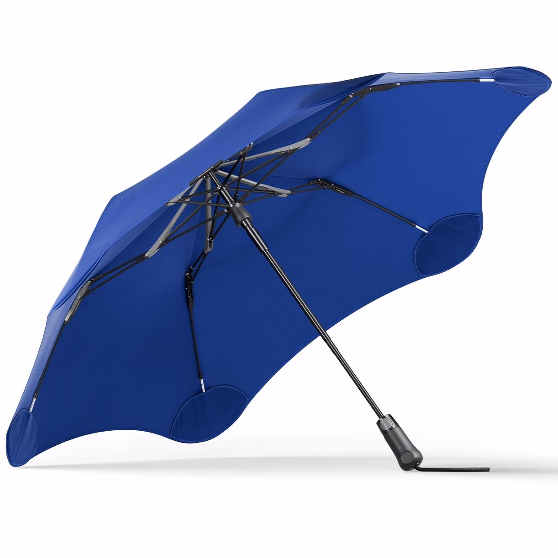 Underside view of BLUNT Metro Umbrella in ocean blue showing frame structure and black handle