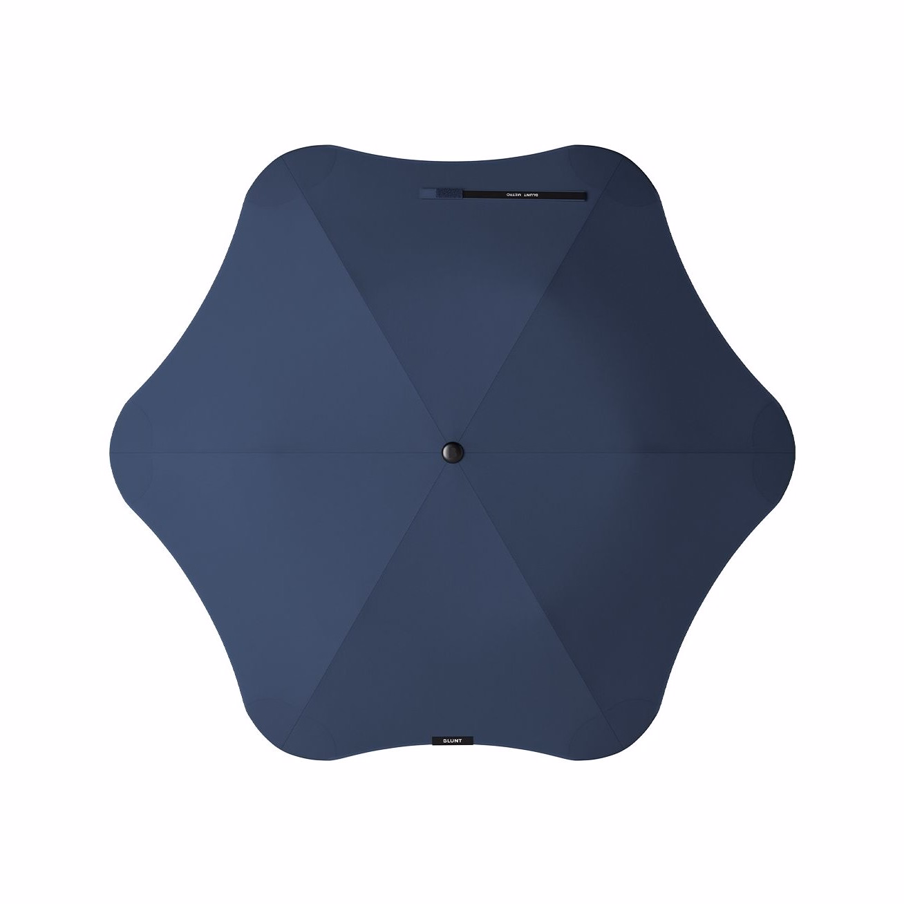 Top view of BLUNT Metro Umbrella in midnight blue with six-panel canopy and centred black tip