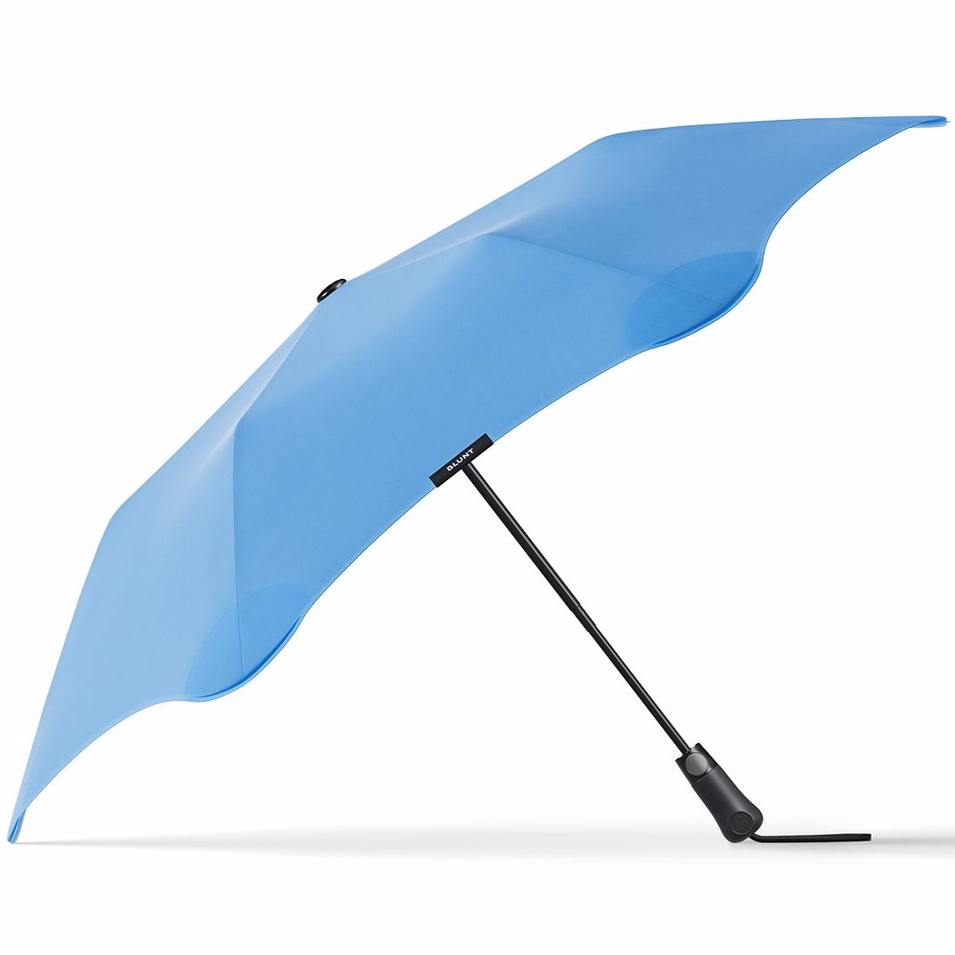 Side view of BLUNT Metro Umbrella in sky blue with black frame and handle