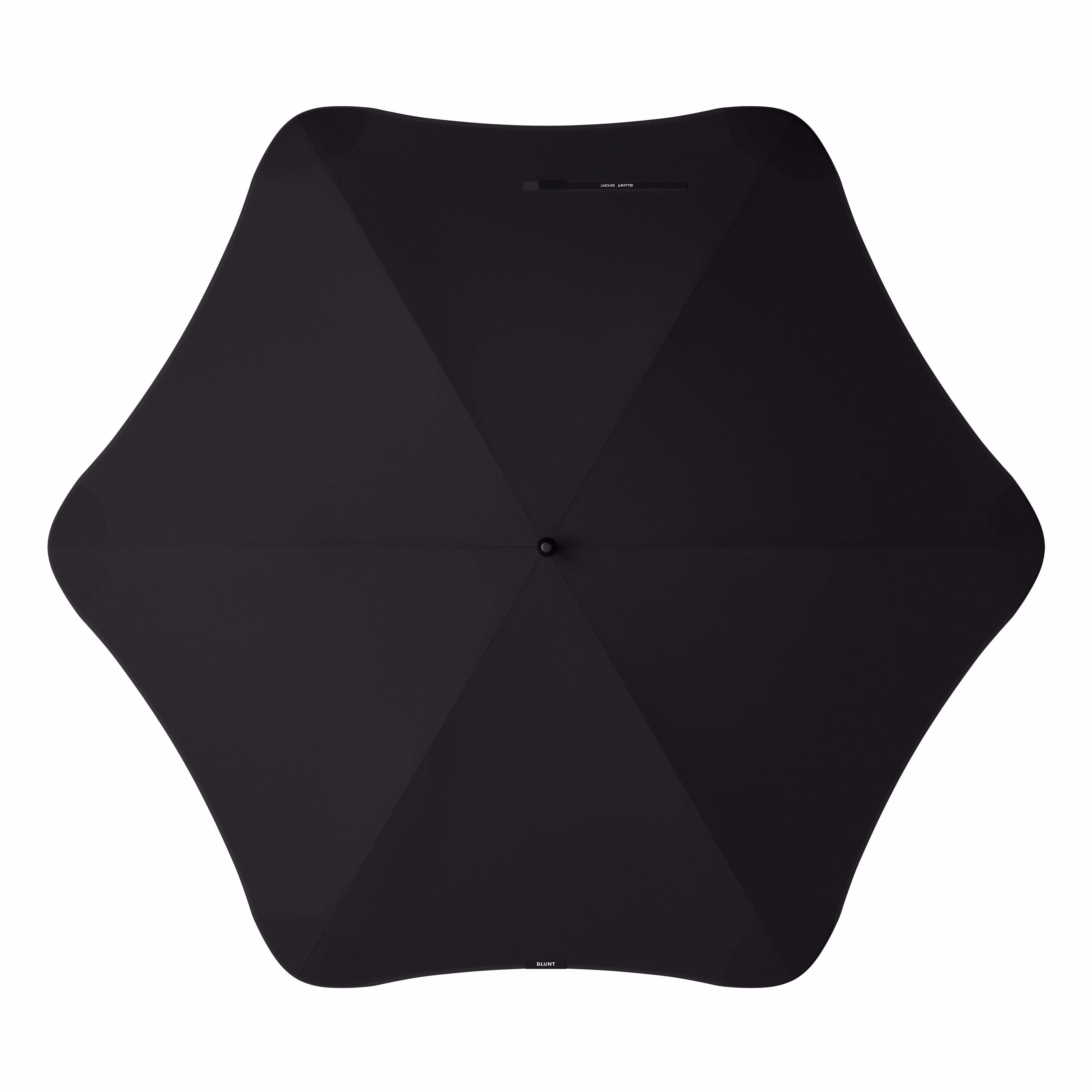 Top view of black BLUNT Sport umbrella with six-panel canopy and rounded edges