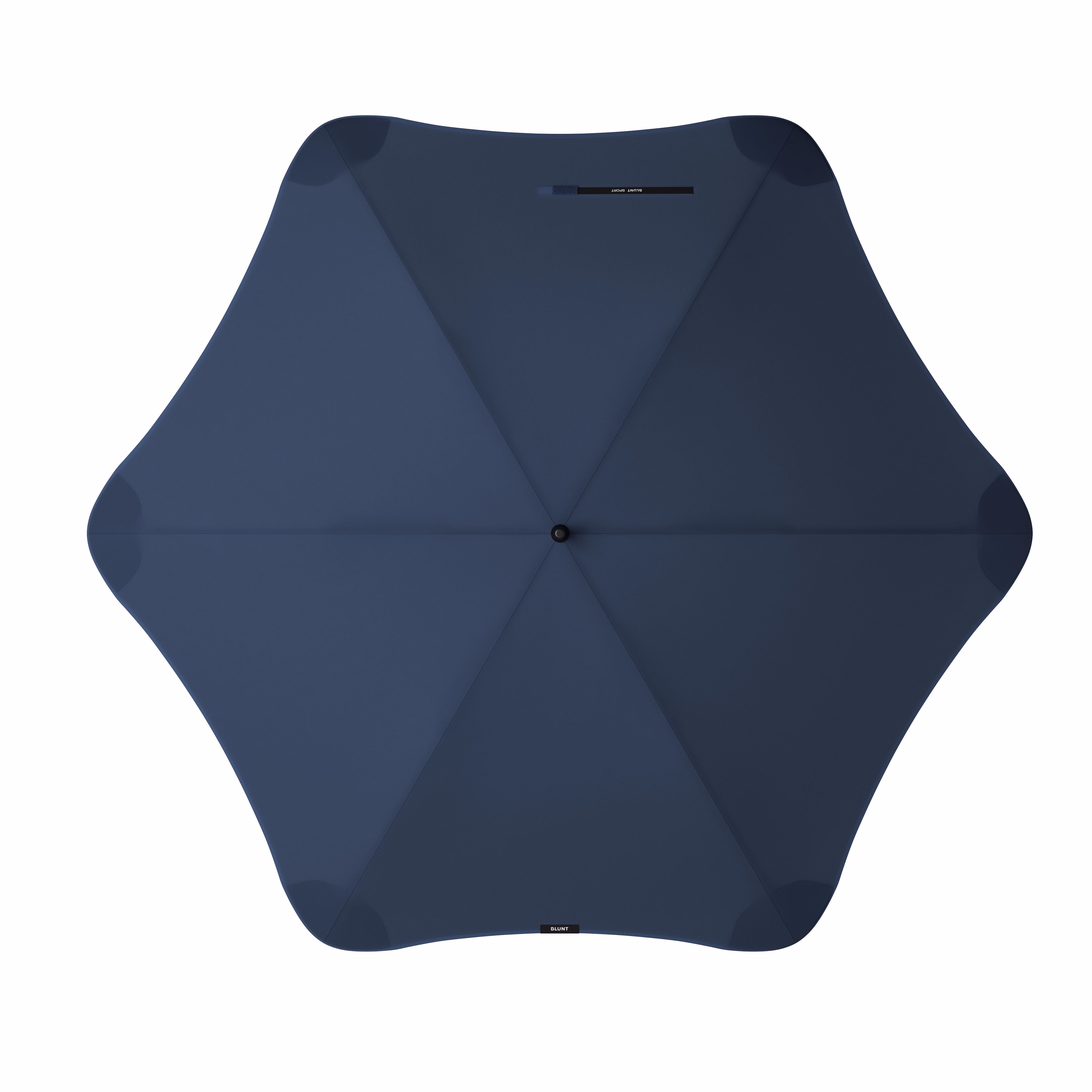 Top view of navy BLUNT Sport umbrella with six-panel canopy and rounded reinforced edges