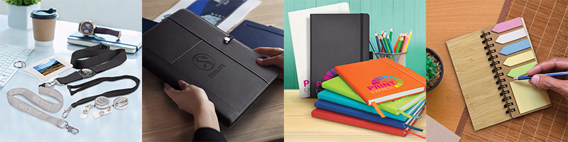 Notebook, compendium, desk accessories and branded lanyards