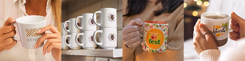 Hands holding and displaying white and colourful ceramic mugs with printed logos in various indoor settings