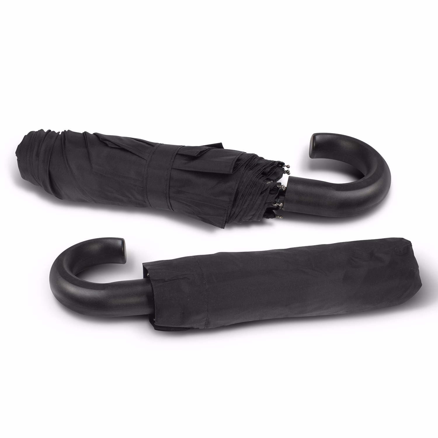 Colt umbrella in black with curved hook handle, closed and in sleeve