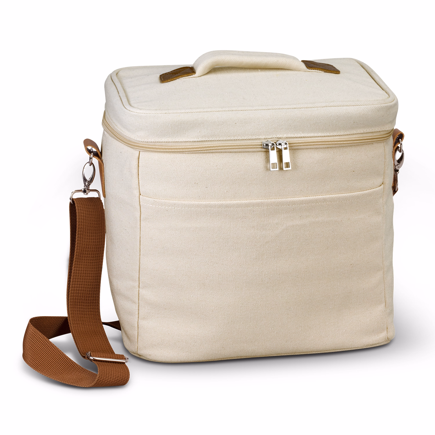 Colton Cooler Bag in natural cotton canvas with brown adjustable shoulder strap and zippered top.