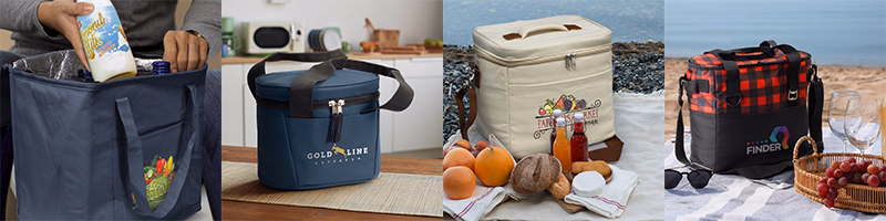 Assorted cooler bags in navy, cream, and check patterns with zips, shoulder straps, and printed logos for outdoor use
