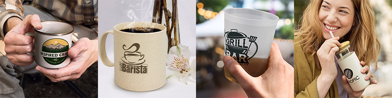 Hands holding assorted promotional cups and tumblers in metal, natural, frosted, and reusable styles with printed logos
