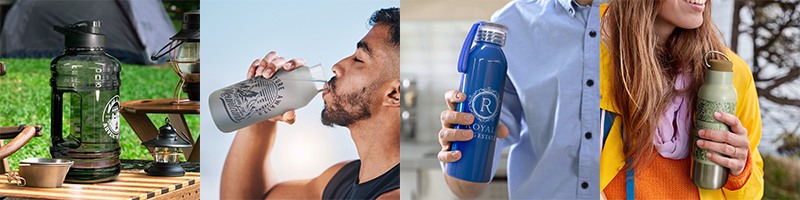 Branded drink bottles in plastic, metal and glass with assorted lids