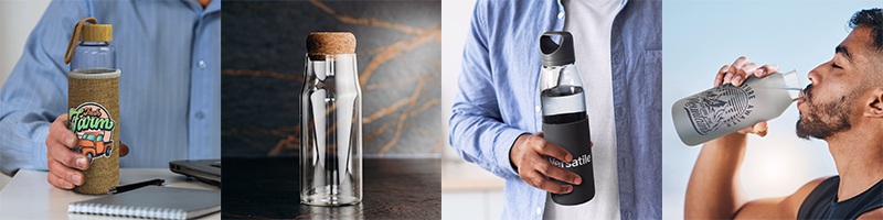 Hands holding and displaying glass drink bottles with cork, bamboo, and neoprene sleeves, all featuring printed logos