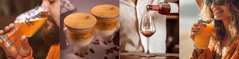 Hands holding and pouring drinks into assorted glassware including beer, double wall, and wine glasses with printed logos