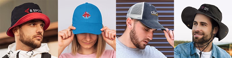 Headwear category banner with caps, bucket hats and beanies