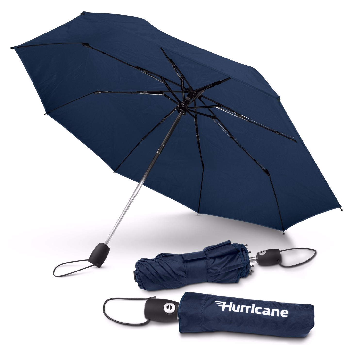 Hurricane City umbrella in navy, open underside view with two closed umbrellas, one in branded sleeve