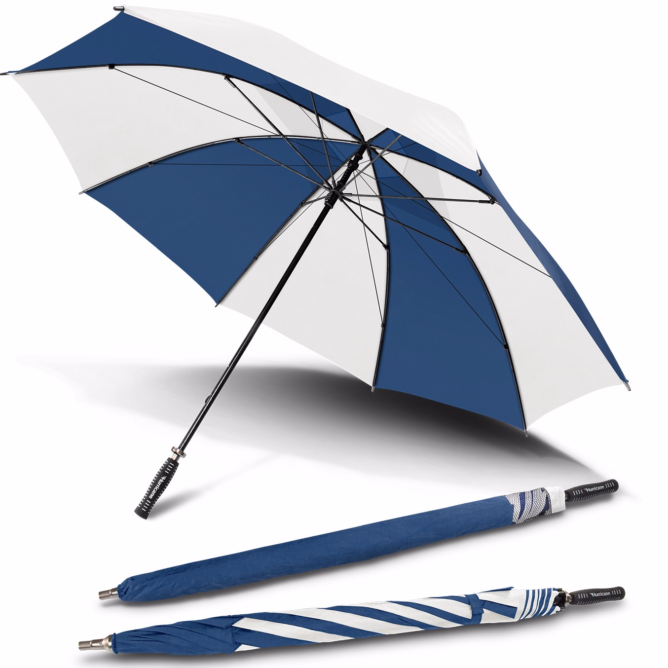 Hurricane Sport umbrella in royal and white, open underside view with two closed umbrellas, one in branded sleeve