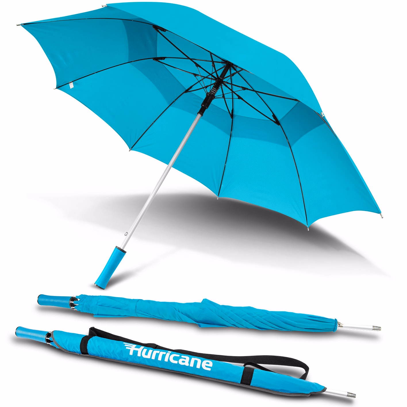 Hurricane Urban umbrella in cyan, open underside view with matching handle colour, aluminium shaft and two closed umbrellas, one in branded sleeve