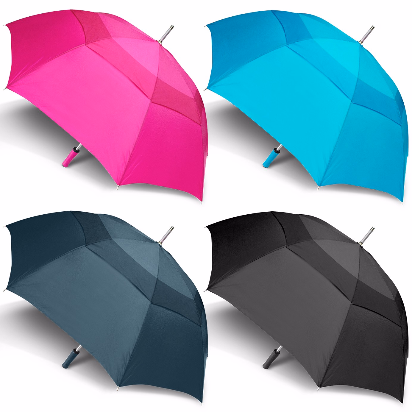 Line-up of Hurricane Urban umbrellas in cyan, fuchsia, navy and black, open profile view with aluminium shafts and matching handle colours