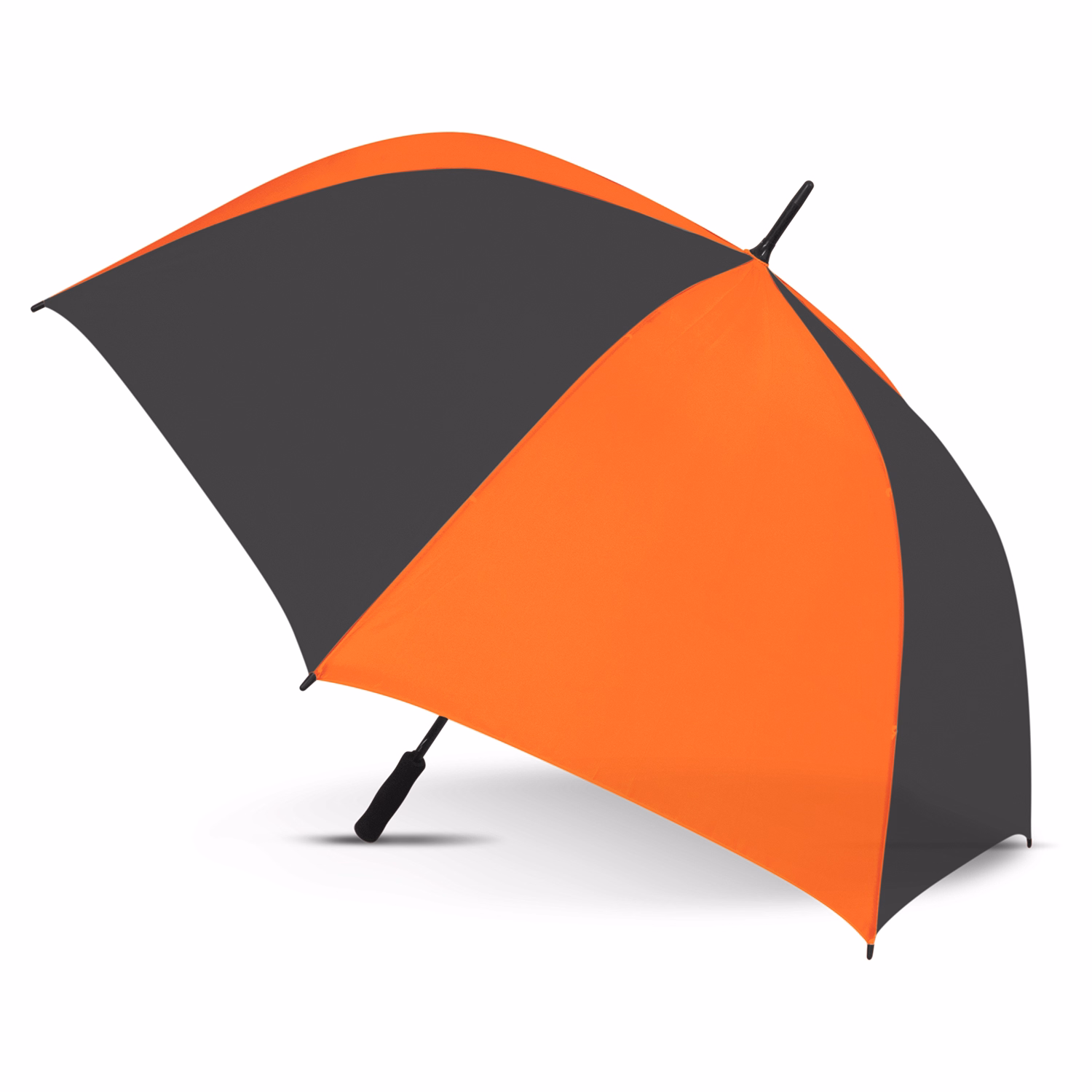 Hydra Sports umbrella in black and orange, open profile view with black handle and tip