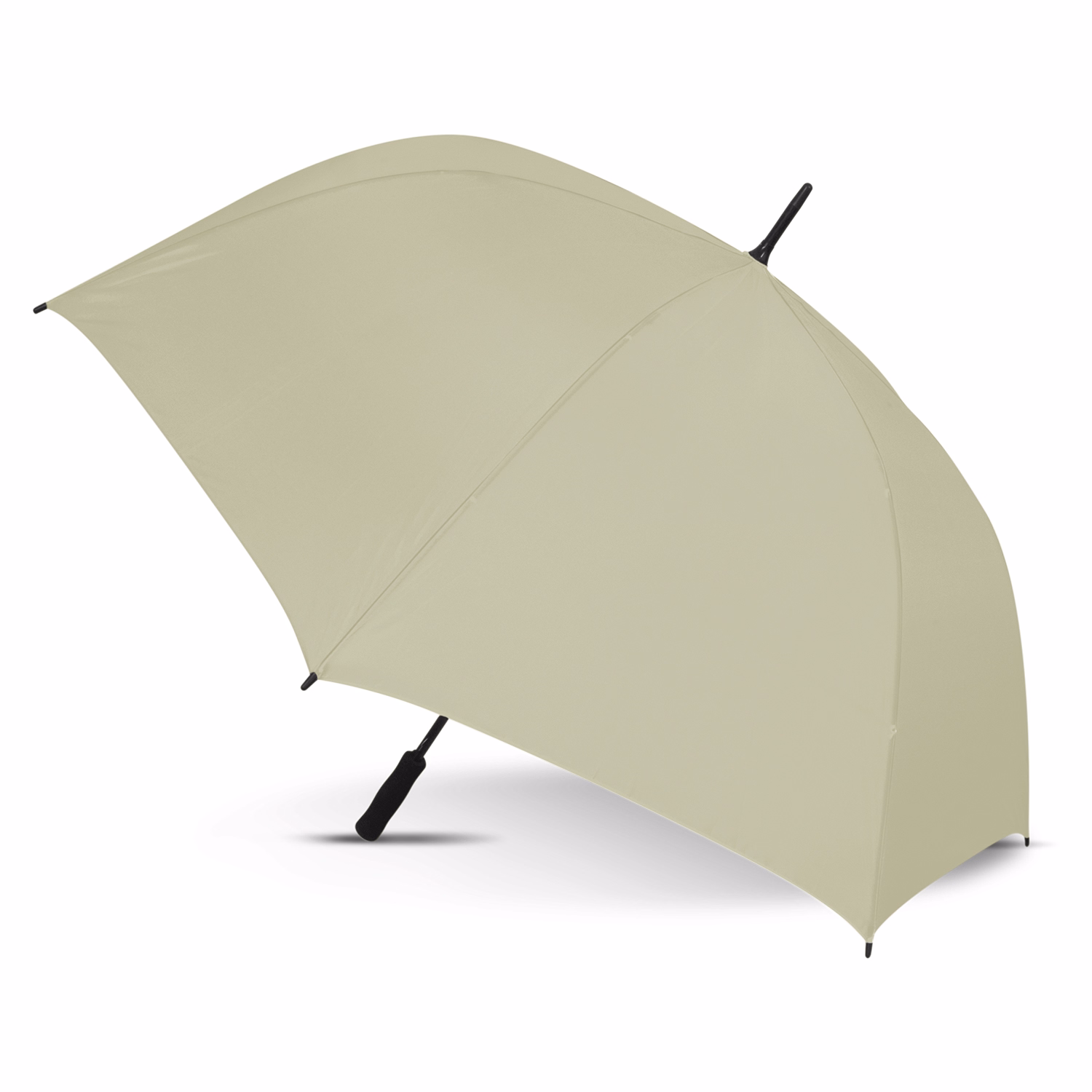 Hydra Sports umbrella in ecru, open profile view with black handle and tip