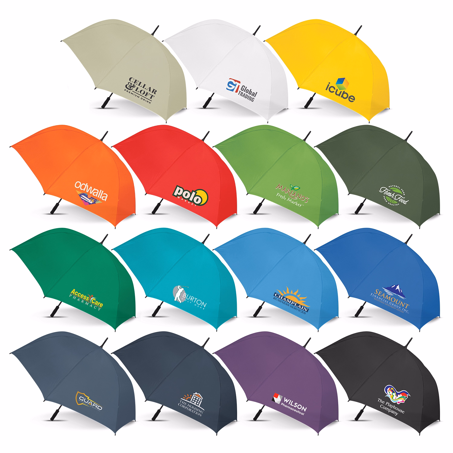 Line-up of Hydra Sports umbrellas in assorted colours, open profile view with printed logos