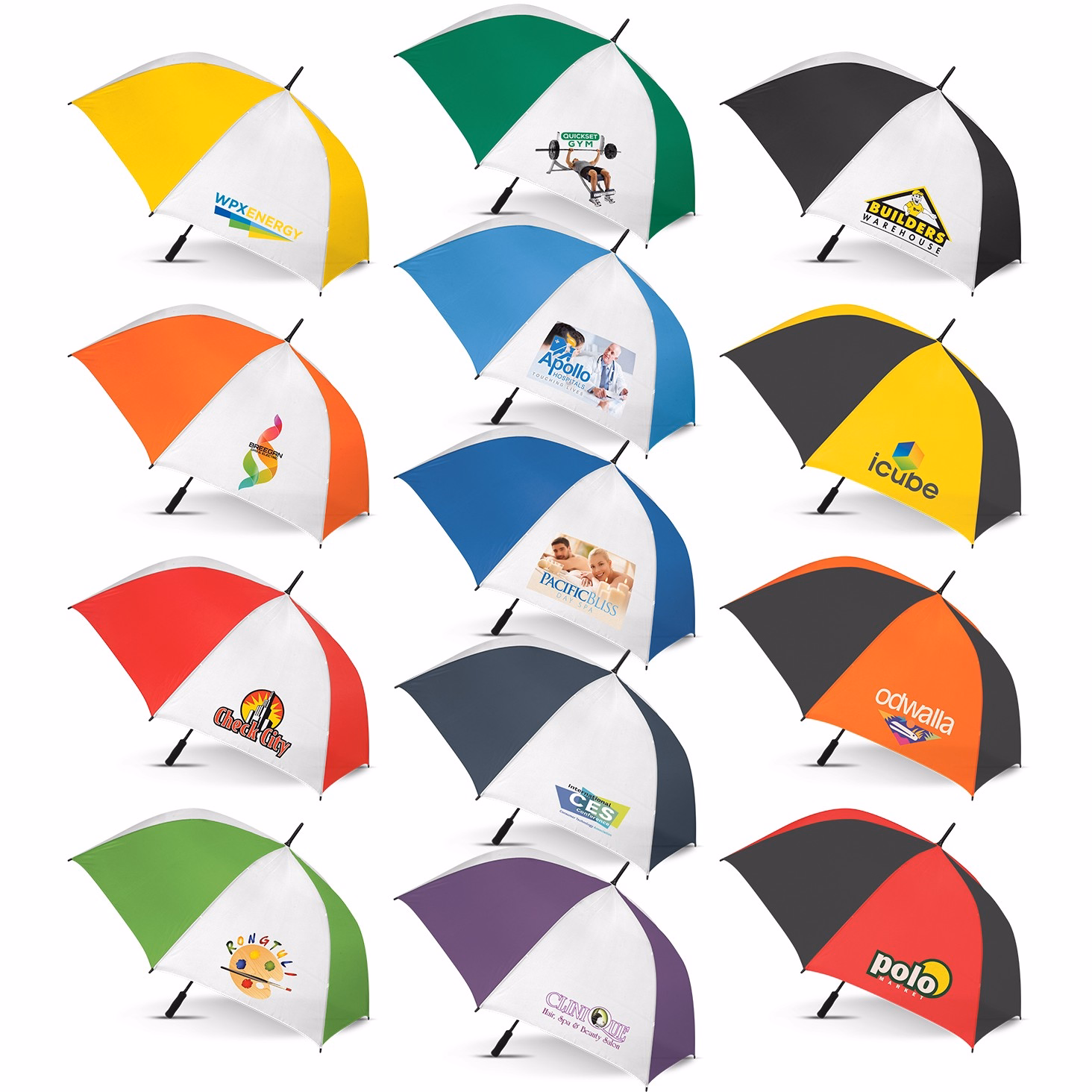 Line-up of Hydra Sports umbrellas in assorted colour combinations, open profile view with printed logos