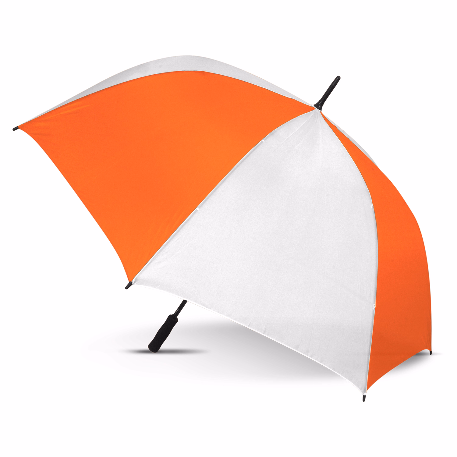 Hydra Sports umbrella in white and orange, open profile view with black handle and tip