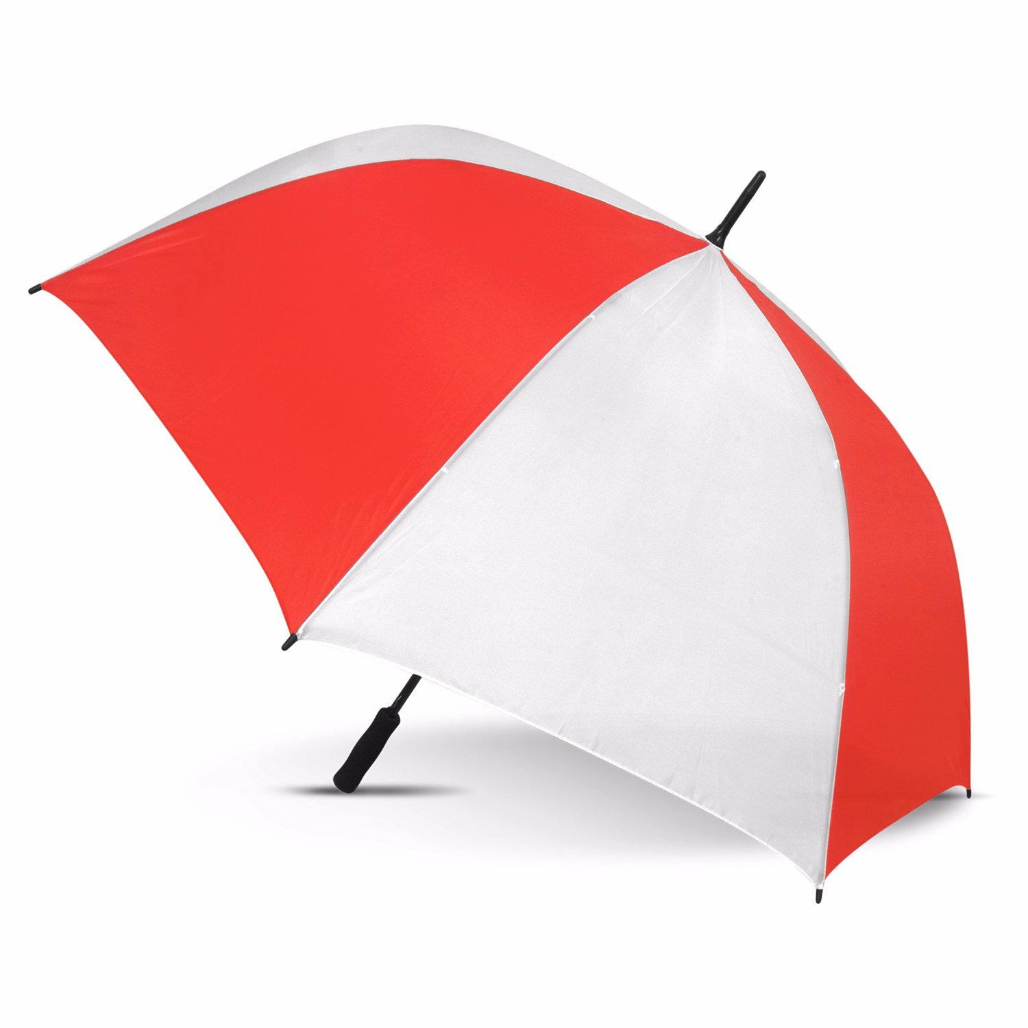 Hydra Sports umbrella in white and red, open profile view with black handle and tip