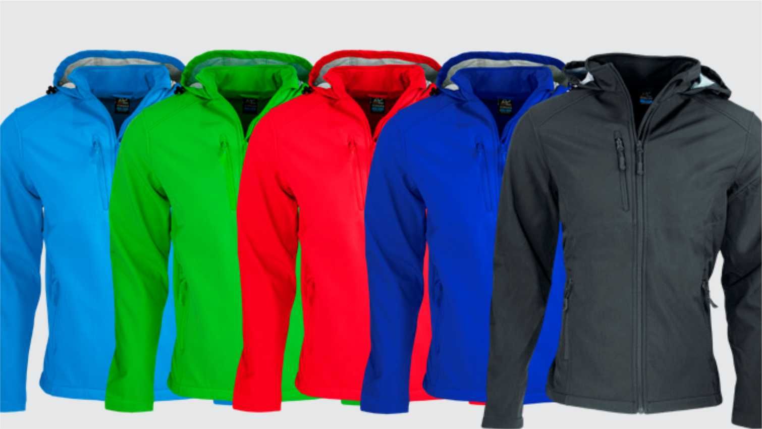 Assorted coloured softshell jackets lined up, including black, blue, red and green.