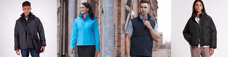 Jackets and vests category banner showing fleece, softshell and puffer styles