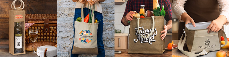 Hands holding and displaying assorted jute bags including wine, tote, and cooler styles with printed logos used for shopping and gifting