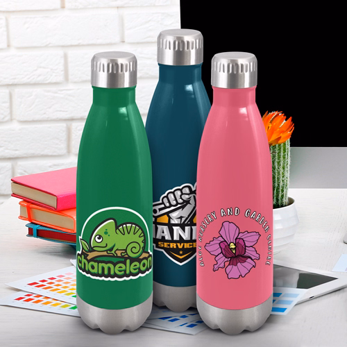 Three stainless steel drink bottles with colourful printed logos on desk.
