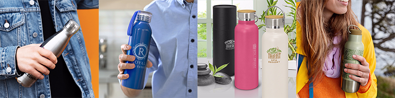 Hands holding and displaying assorted metal drink bottles in silver, blue, pink, white, and green with printed logos