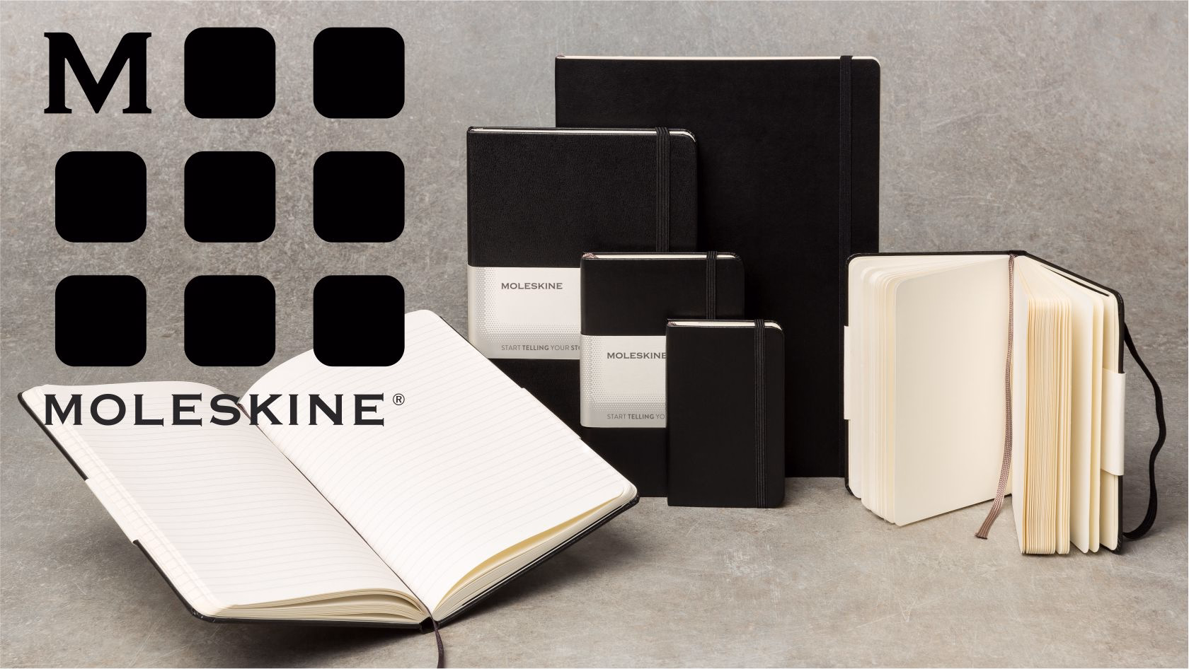 Moleskine logo with a display of black notebooks open and closed on grey background.