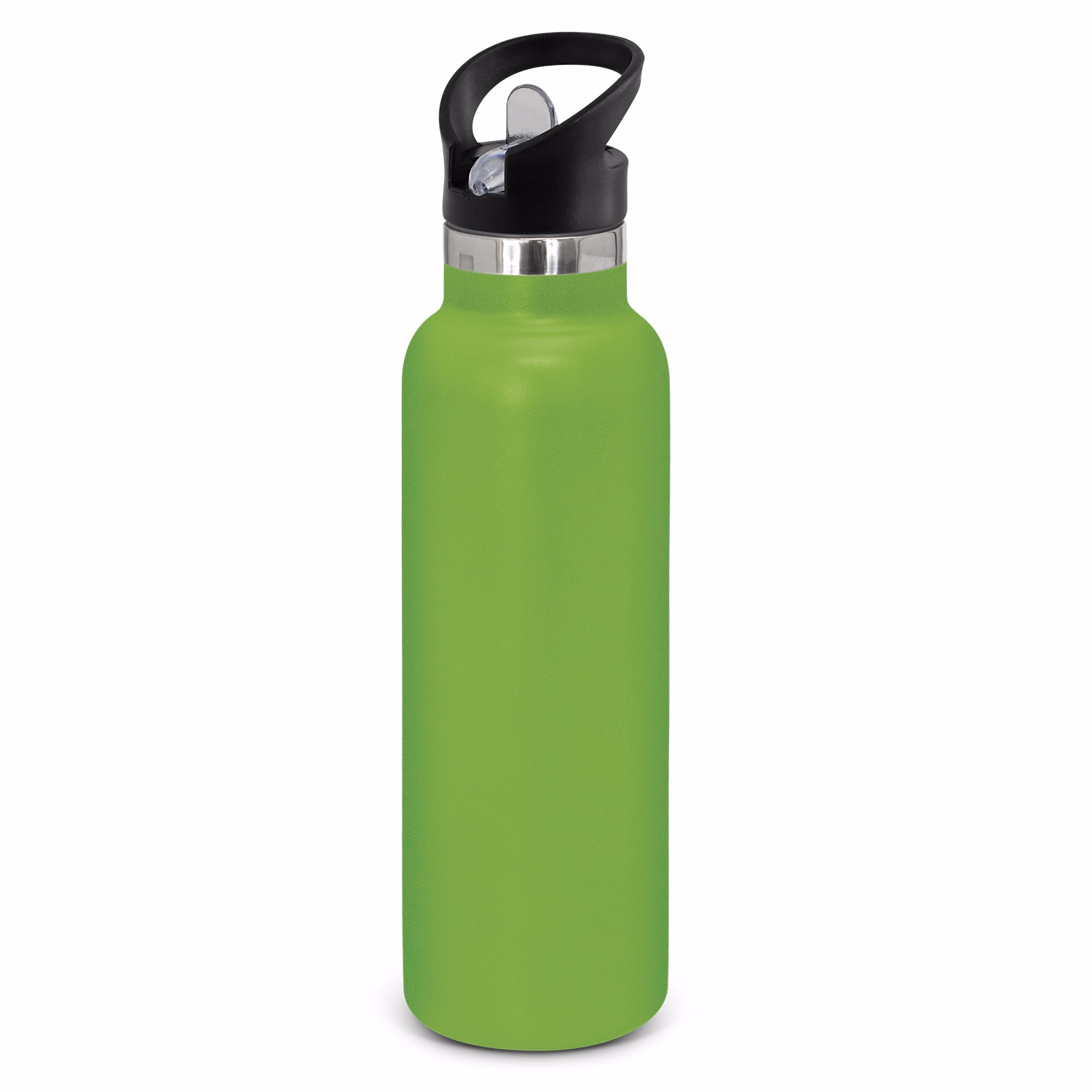 Powder coated stainless steel drink bottle with carry lid in bright green.