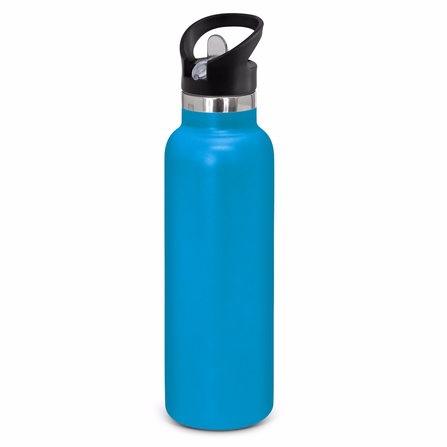 Powder coated stainless steel drink bottle with carry lid in light blue.