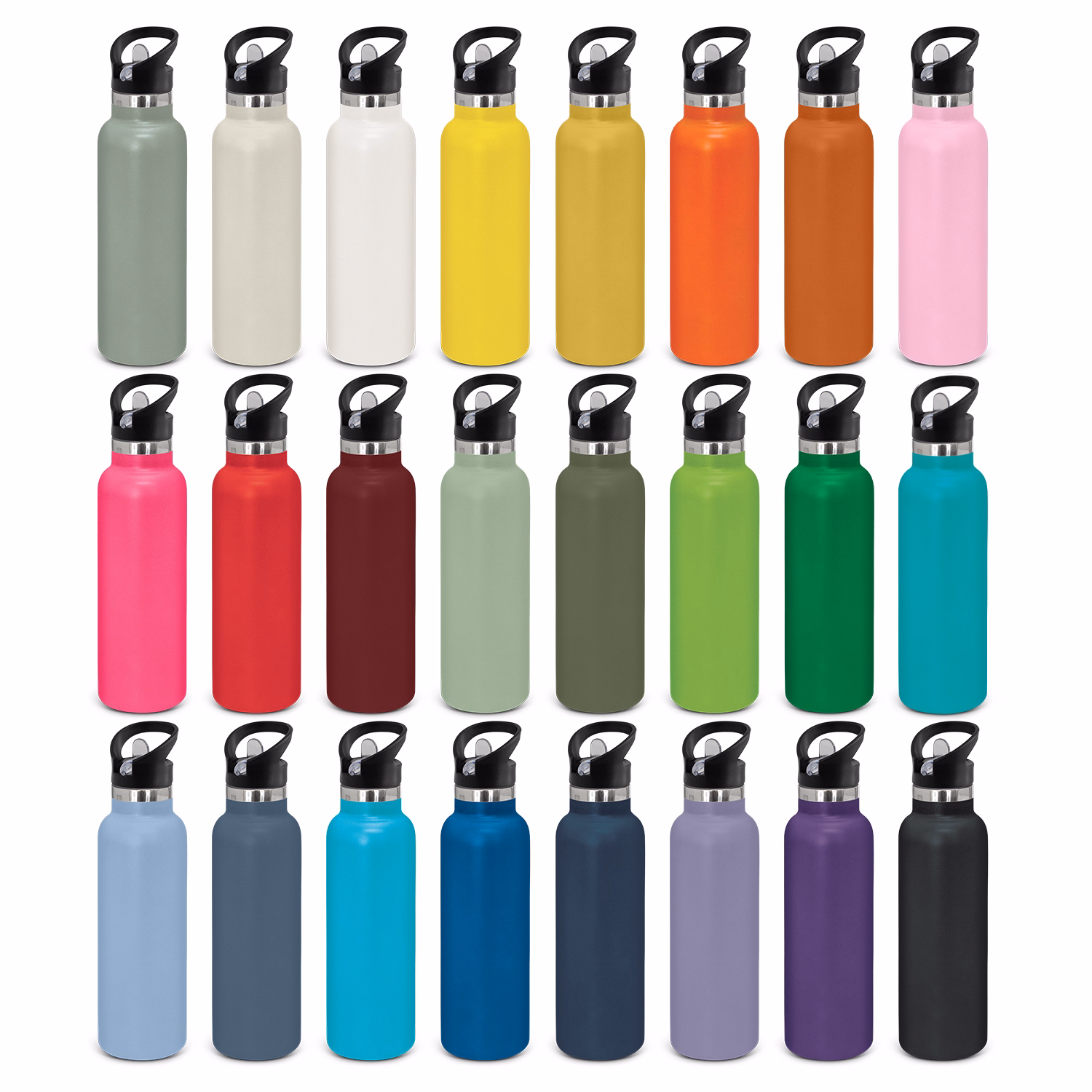 Nomad Vacuum Bottle – Powder Coated range shown in multiple colours with carry lids.