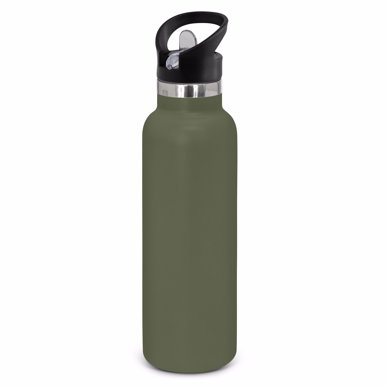 Powder coated stainless steel drink bottle with carry lid in olive.