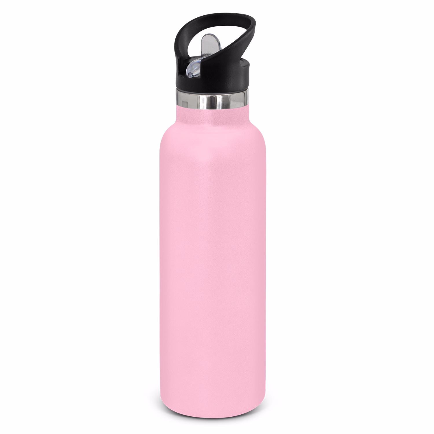 Powder coated stainless steel drink bottle with carry lid in pale pink.