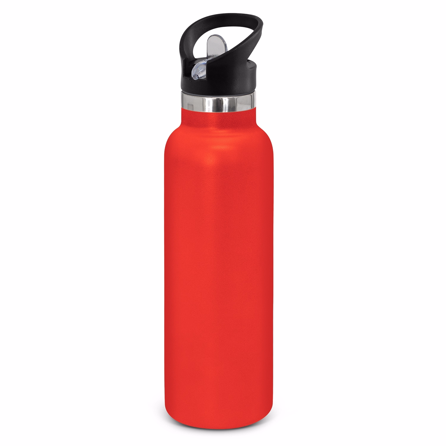 Powder coated stainless steel drink bottle with carry lid in red.