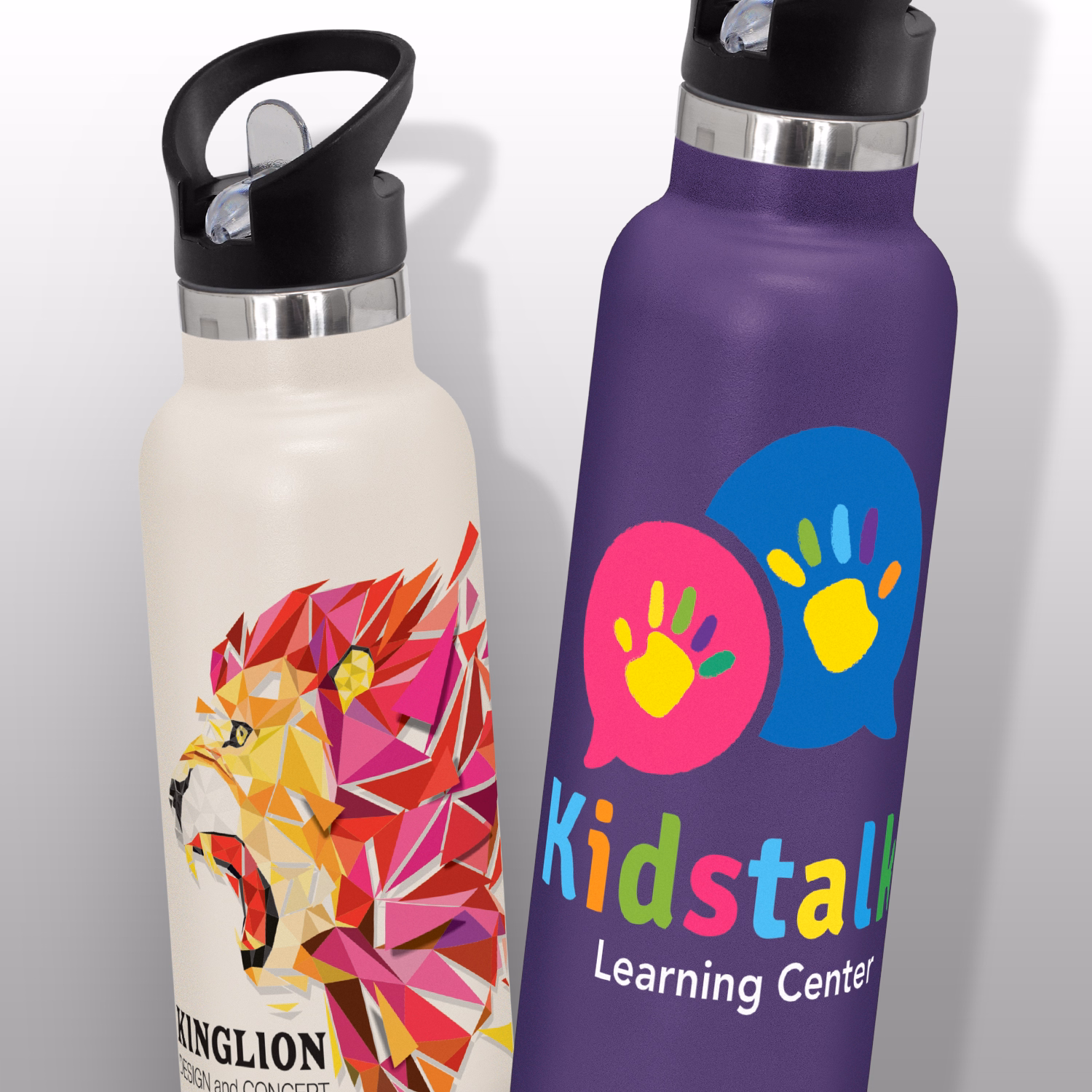 Nomad vacuum bottles with full-colour printed logos showcasing rotary digital branding.