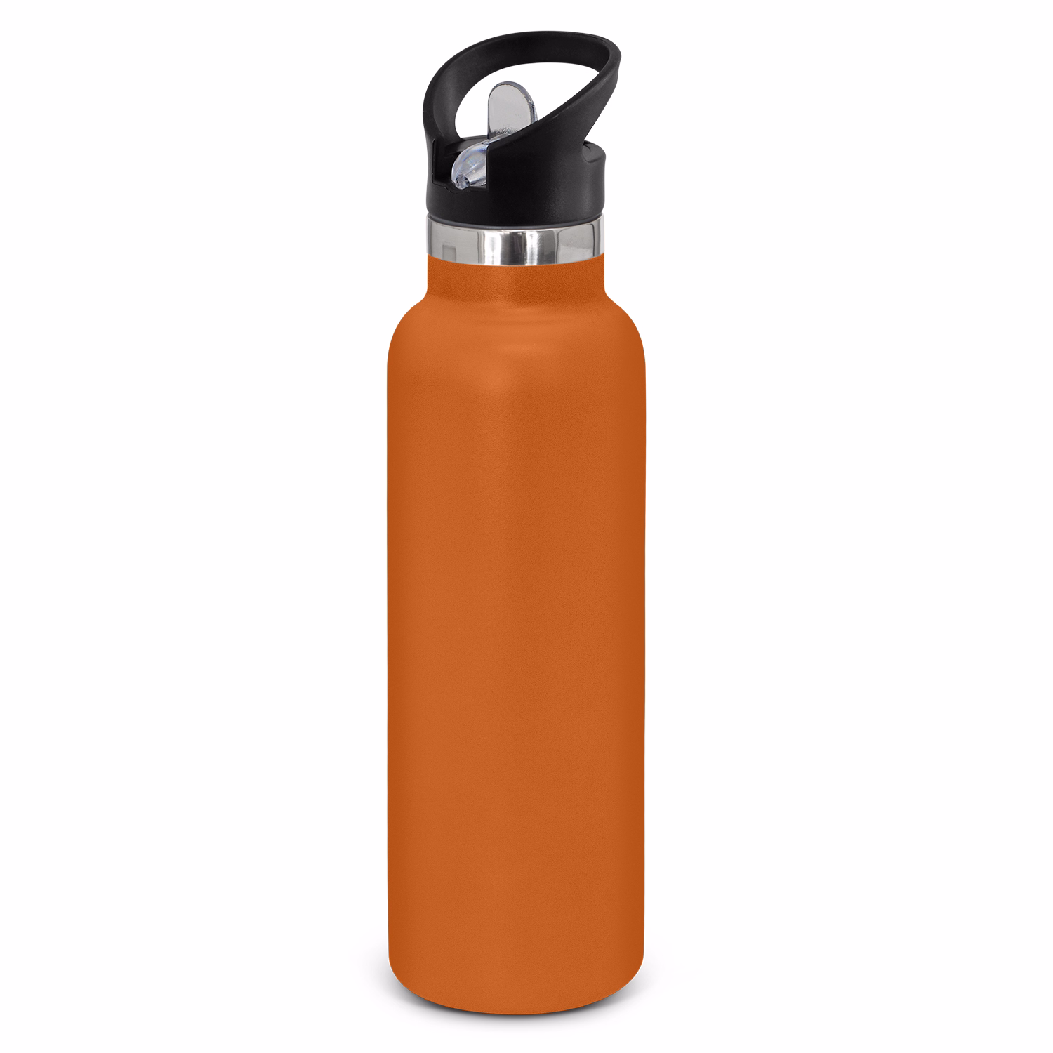 Powder coated stainless steel drink bottle with carry lid in rust.