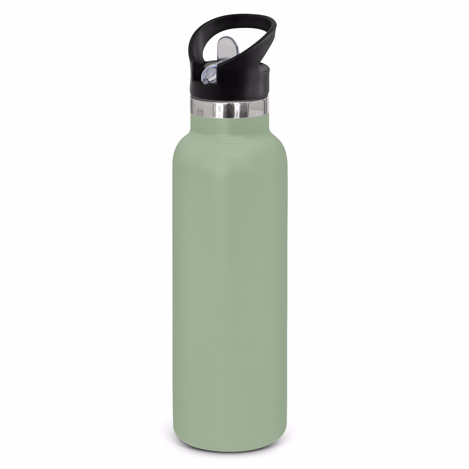 Powder coated stainless steel drink bottle with carry lid in sage.