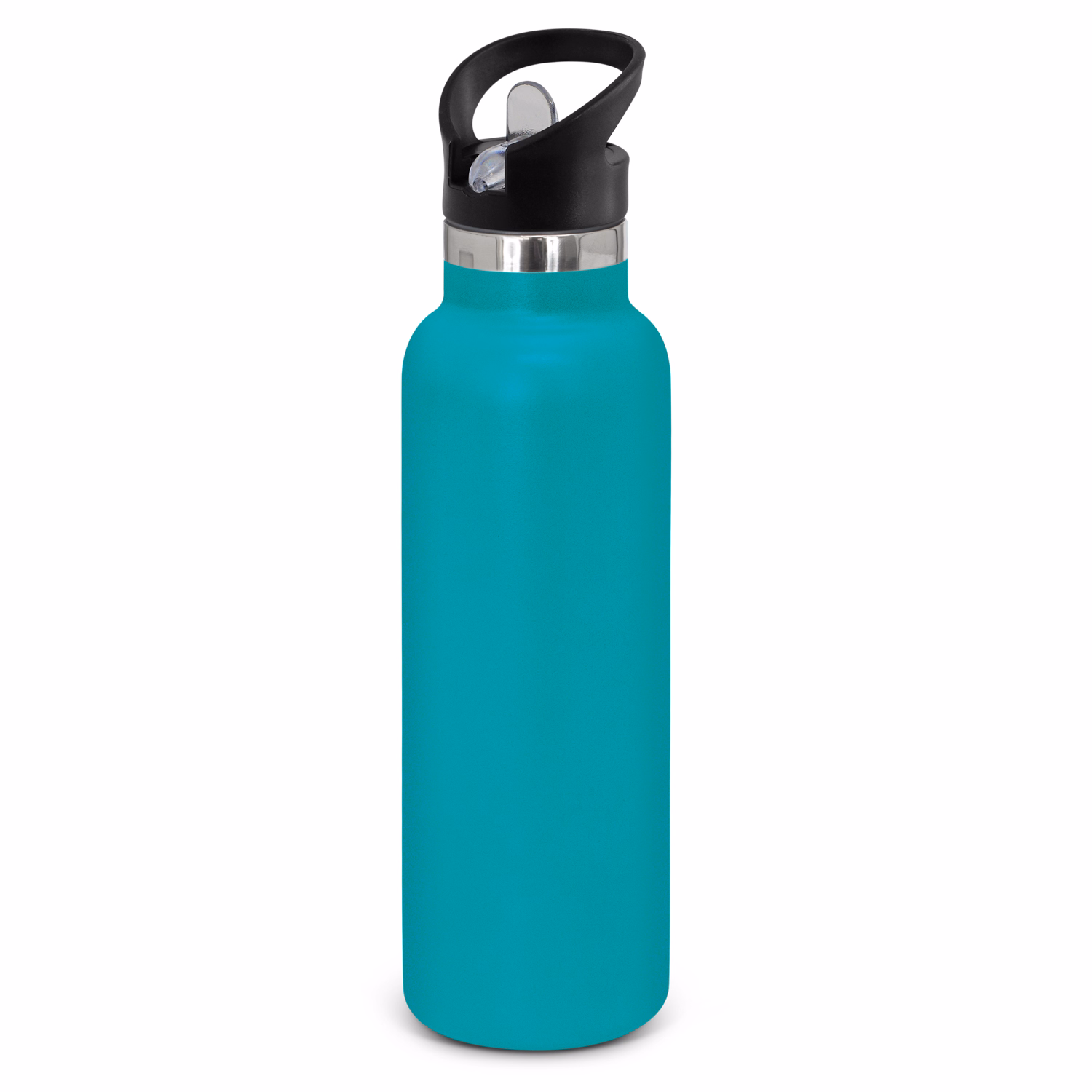 Powder coated stainless steel drink bottle with carry lid in teal.