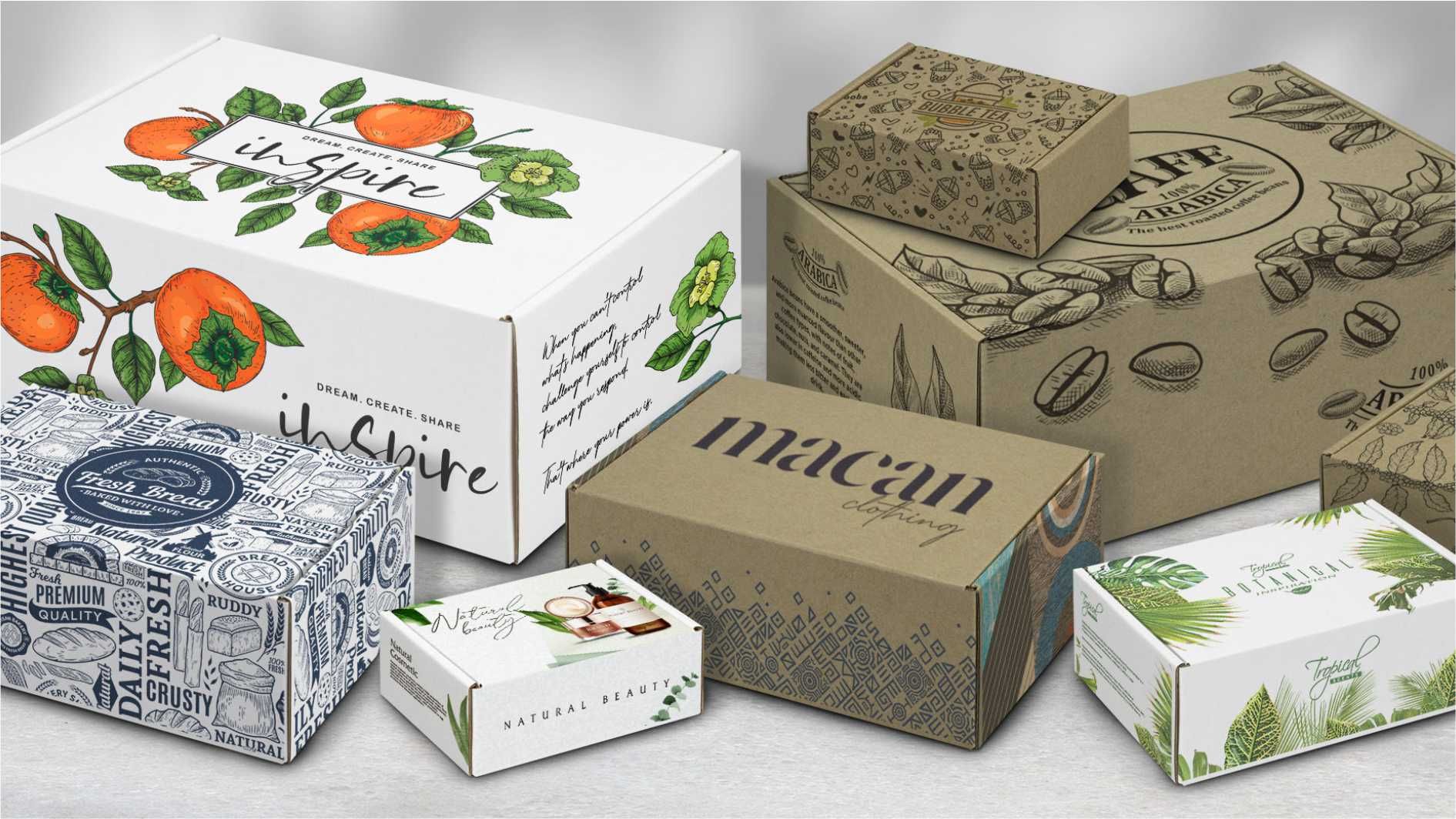 Assorted printed cardboard packaging boxes with colourful custom designs.